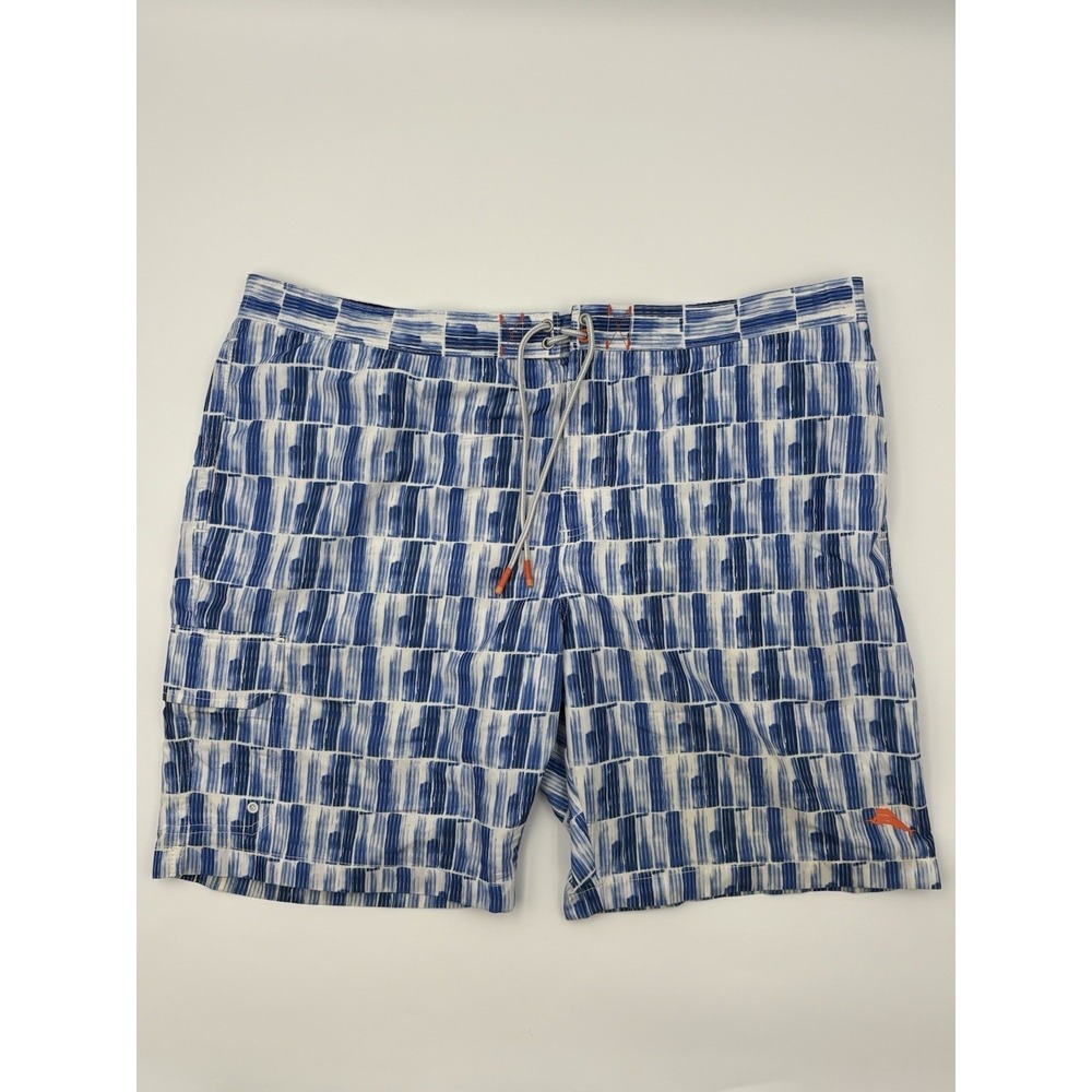 Tommy Bahama Swim Trunks Mens XXL Blue White Geometric Mesh Lined Pocket Board